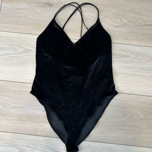 Black velvet bodysuit with criss cross back